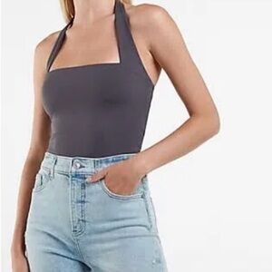 EXPRESS XL Body Contour Double Layer Halter Neck Tank in dark gray